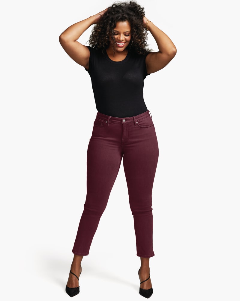 Front of a model wearing a size 22 Stephanie Slim Straight Ankle Jeans in Deep Currant by NYDJ. | dia_product_style_image_id:166463